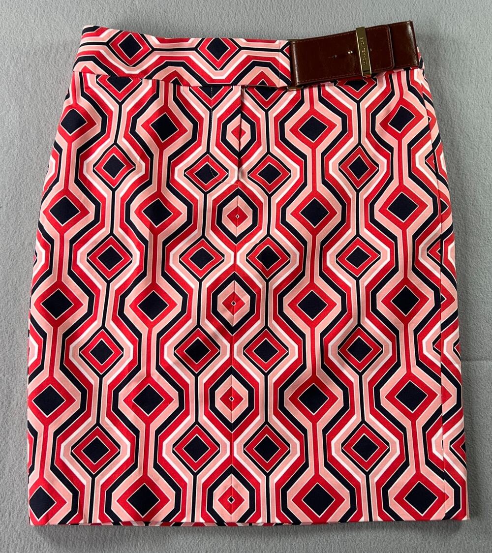 MICHAEL KORS ~ Cotton Stretch Geometric Print, Leather Belt Pencil Skirt, Size 2